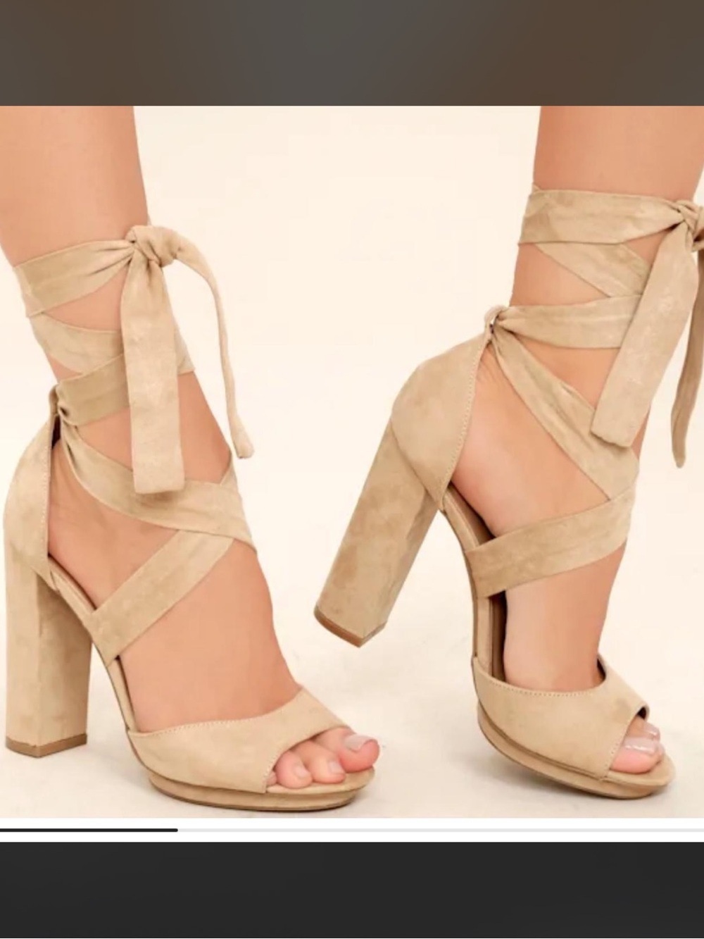 Lulu's Suede Tie-Wrap Block Heel Sandals in Beige